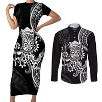 Black Hawaii Kanaloa God Couples Matching Short Sleeve Bodycon Dress and Long Sleeve Button Shirt Hawaiian Octopus LT14 Black - Polynesian Pride