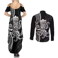 Black Hawaii Kanaloa God Couples Matching Summer Maxi Dress and Long Sleeve Button Shirt Hawaiian Octopus LT14 - Polynesian Pride