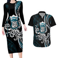 Turquoise Hawaii Kanaloa God Couples Matching Long Sleeve Bodycon Dress and Hawaiian Shirt Hawaiian Octopus LT14 Turquoise - Polynesian Pride