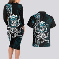 Turquoise Hawaii Kanaloa God Couples Matching Long Sleeve Bodycon Dress and Hawaiian Shirt Hawaiian Octopus LT14 - Polynesian Pride