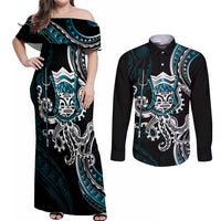 Turquoise Hawaii Kanaloa God Couples Matching Off Shoulder Maxi Dress and Long Sleeve Button Shirt Hawaiian Octopus LT14 Turquoise - Polynesian Pride