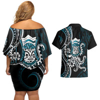 Turquoise Hawaii Kanaloa God Couples Matching Off Shoulder Short Dress and Hawaiian Shirt Hawaiian Octopus LT14 - Polynesian Pride