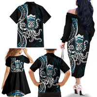 Turquoise Hawaii Kanaloa God Family Matching Off The Shoulder Long Sleeve Dress and Hawaiian Shirt Hawaiian Octopus LT14 - Polynesian Pride