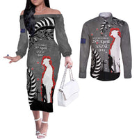 New Zealand ANZAC Day Couples Matching Off The Shoulder Long Sleeve Dress and Long Sleeve Button Shirt 25th April Silver Fern With Poppy LT14 Gray - Polynesian Pride