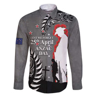 New Zealand ANZAC Day Family Matching Off Shoulder Short Dress and Hawaiian Shirt 25th April Silver Fern With Poppy LT14 Dad's Shirt - Long Sleeve Gray - Polynesian Pride