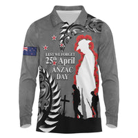 New Zealand ANZAC Day Long Sleeve Polo Shirt 25th April Silver Fern With Poppy LT14 Gray - Polynesian Pride