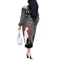 New Zealand ANZAC Day Off The Shoulder Long Sleeve Dress 25th April Silver Fern With Poppy LT14 - Polynesian Pride