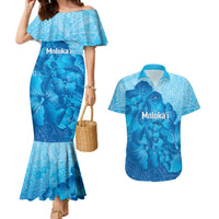 Aloha Hawaii Molokai Island Couples Matching Mermaid Dress and Hawaiian Shirt Hibiscus Tribal Honu Hawaiian Tattoo LT14 Blue - Polynesian Pride