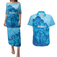 Aloha Hawaii Molokai Island Couples Matching Puletasi and Hawaiian Shirt Hibiscus Tribal Honu Hawaiian Tattoo LT14 Blue - Polynesian Pride