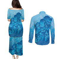 Aloha Hawaii Molokai Island Couples Matching Puletasi and Long Sleeve Button Shirt Hibiscus Tribal Honu Hawaiian Tattoo LT14 - Polynesian Pride