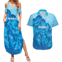 Aloha Hawaii Molokai Island Couples Matching Summer Maxi Dress and Hawaiian Shirt Hibiscus Tribal Honu Hawaiian Tattoo LT14 Blue - Polynesian Pride