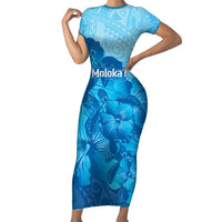 Aloha Hawaii Molokai Island Family Matching Short Sleeve Bodycon Dress and Hawaiian Shirt Hibiscus Tribal Honu Hawaiian Tattoo LT14 Mom's Dress Blue - Polynesian Pride
