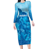 Aloha Hawaii Molokai Island Long Sleeve Bodycon Dress Hibiscus Tribal Honu Hawaiian Tattoo LT14 Long Dress Blue - Polynesian Pride
