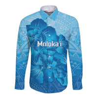 Aloha Hawaii Molokai Island Long Sleeve Button Shirt Hibiscus Tribal Honu Hawaiian Tattoo LT14 Unisex Blue - Polynesian Pride