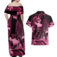 Aloha Hawaii Maui Couples Matching Off Shoulder Maxi Dress and Hawaiian Shirt Valley Isle Humpback Whale Black