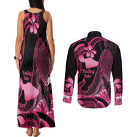 Aloha Hawaii Maui Couples Matching Tank Maxi Dress and Long Sleeve Button Shirt Valley Isle Humpback Whale Black