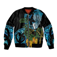 Turquoise New Zealand Kowhai And Piwakawaka Bomber Jacket Maori Ngaru Paua Shell LT14 Unisex Turquoise - Polynesian Pride