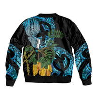 Turquoise New Zealand Kowhai And Piwakawaka Bomber Jacket Maori Ngaru Paua Shell LT14 - Polynesian Pride
