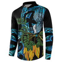 Turquoise New Zealand Kowhai And Piwakawaka Button Sweatshirt Maori Ngaru Paua Shell LT14 - Polynesian Pride