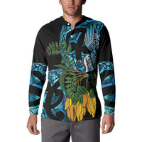 Turquoise New Zealand Kowhai And Piwakawaka Button Sweatshirt Maori Ngaru Paua Shell LT14 - Polynesian Pride