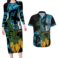 Turquoise New Zealand Kowhai And Piwakawaka Couples Matching Long Sleeve Bodycon Dress and Hawaiian Shirt Maori Ngaru Paua Shell LT14 Turquoise - Polynesian Pride