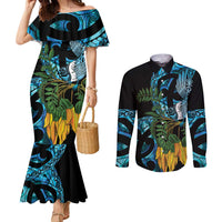 Turquoise New Zealand Kowhai And Piwakawaka Couples Matching Mermaid Dress and Long Sleeve Button Shirt Maori Ngaru Paua Shell LT14 Turquoise - Polynesian Pride