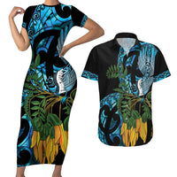 Turquoise New Zealand Kowhai And Piwakawaka Couples Matching Short Sleeve Bodycon Dress and Hawaiian Shirt Maori Ngaru Paua Shell LT14 Turquoise - Polynesian Pride