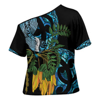 Turquoise New Zealand Kowhai And Piwakawaka Cross Shoulder Shirt Maori Ngaru Paua Shell LT14 - Polynesian Pride