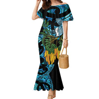 Turquoise New Zealand Kowhai And Piwakawaka Family Matching Mermaid Dress and Hawaiian Shirt Maori Ngaru Paua Shell LT14 Mom's Dress Turquoise - Polynesian Pride