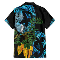 Turquoise New Zealand Kowhai And Piwakawaka Family Matching Off The Shoulder Long Sleeve Dress and Hawaiian Shirt Maori Ngaru Paua Shell LT14 - Polynesian Pride