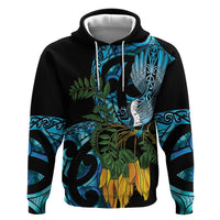 Turquoise New Zealand Kowhai And Piwakawaka Hoodie Maori Ngaru Paua Shell LT14 Pullover Hoodie Turquoise - Polynesian Pride