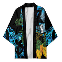 Turquoise New Zealand Kowhai And Piwakawaka Kimono Maori Ngaru Paua Shell LT14 Unisex Turquoise - Polynesian Pride