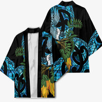 Turquoise New Zealand Kowhai And Piwakawaka Kimono Maori Ngaru Paua Shell LT14 - Polynesian Pride