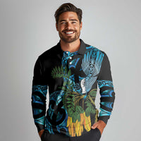 Turquoise New Zealand Kowhai And Piwakawaka Long Sleeve Polo Shirt Maori Ngaru Paua Shell LT14 - Polynesian Pride