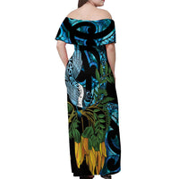 Turquoise New Zealand Kowhai And Piwakawaka Off Shoulder Maxi Dress Maori Ngaru Paua Shell LT14 - Polynesian Pride