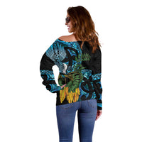 Turquoise New Zealand Kowhai And Piwakawaka Off Shoulder Sweater Maori Ngaru Paua Shell LT14 - Polynesian Pride