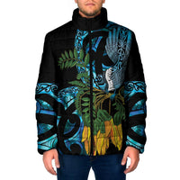 Turquoise New Zealand Kowhai And Piwakawaka Padded Jacket Maori Ngaru Paua Shell LT14 Men Turquoise - Polynesian Pride