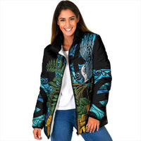 Turquoise New Zealand Kowhai And Piwakawaka Padded Jacket Maori Ngaru Paua Shell LT14 Women Turquoise - Polynesian Pride