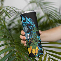 Turquoise New Zealand Kowhai And Piwakawaka Skinny Tumbler Maori Ngaru Paua Shell LT14 - Polynesian Pride