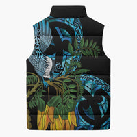 Turquoise New Zealand Kowhai And Piwakawaka Sleeveless Puffer Jacket Maori Ngaru Paua Shell LT14 - Polynesian Pride
