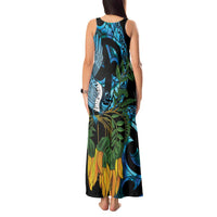 Turquoise New Zealand Kowhai And Piwakawaka Tank Maxi Dress Maori Ngaru Paua Shell LT14 - Polynesian Pride