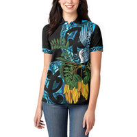 Turquoise New Zealand Kowhai And Piwakawaka Women Polo Shirt Maori Ngaru Paua Shell LT14 - Polynesian Pride