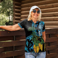 Turquoise New Zealand Kowhai And Piwakawaka Women Polo Shirt Maori Ngaru Paua Shell LT14 - Polynesian Pride