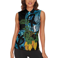 Turquoise New Zealand Kowhai And Piwakawaka Women Sleeveless Polo Shirt Maori Ngaru Paua Shell LT14 - Polynesian Pride