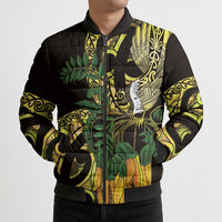 Yellow New Zealand Kowhai And Piwakawaka Bomber Puffer Jacket Maori Ngaru Paua Shell LT14 - Polynesian Pride