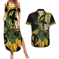 Yellow New Zealand Kowhai And Piwakawaka Couples Matching Summer Maxi Dress and Hawaiian Shirt Maori Ngaru Paua Shell LT14 Yellow - Polynesian Pride