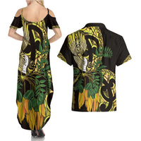 Yellow New Zealand Kowhai And Piwakawaka Couples Matching Summer Maxi Dress and Hawaiian Shirt Maori Ngaru Paua Shell LT14 - Polynesian Pride