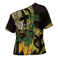 Yellow New Zealand Kowhai And Piwakawaka Cross Shoulder Shirt Maori Ngaru Paua Shell LT14 - Polynesian Pride