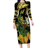 Yellow New Zealand Kowhai And Piwakawaka Family Matching Long Sleeve Bodycon Dress and Hawaiian Shirt Maori Ngaru Paua Shell LT14 Mom's Dress Yellow - Polynesian Pride