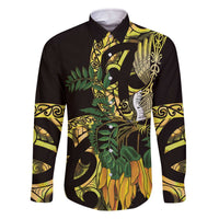 Yellow New Zealand Kowhai And Piwakawaka Family Matching Off The Shoulder Long Sleeve Dress and Hawaiian Shirt Maori Ngaru Paua Shell LT14 Dad's Shirt - Long Sleeve Yellow - Polynesian Pride